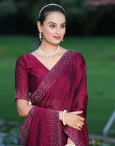 India Silk Maroon Sarees Featuring Beautiful Rangoli Patterns Enhanced With Swarovski Work On The Saree And Border